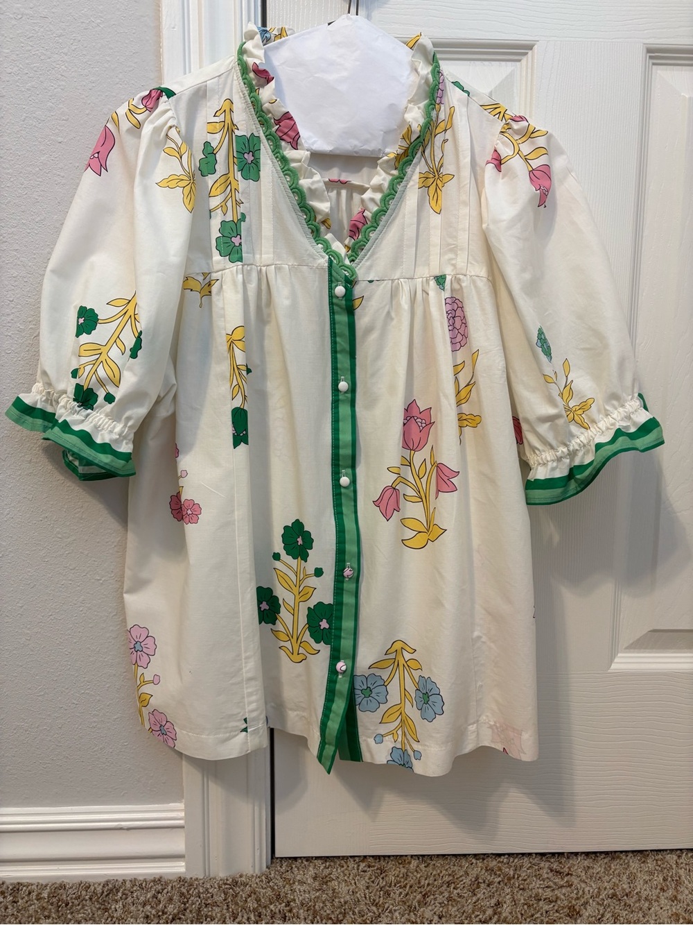 Umgee Cream Floral Blouse with Green Trim and Pink Accents